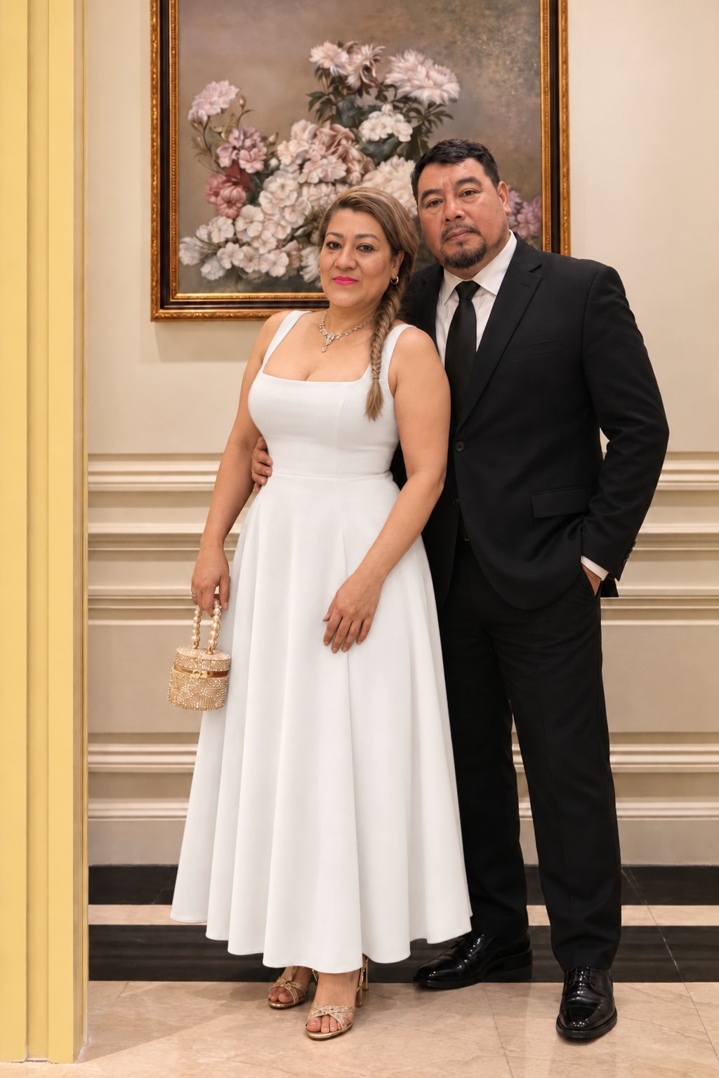 Rosy con vestido blanco y Martín con traje oscuro, juntos en su retrato de pareja.